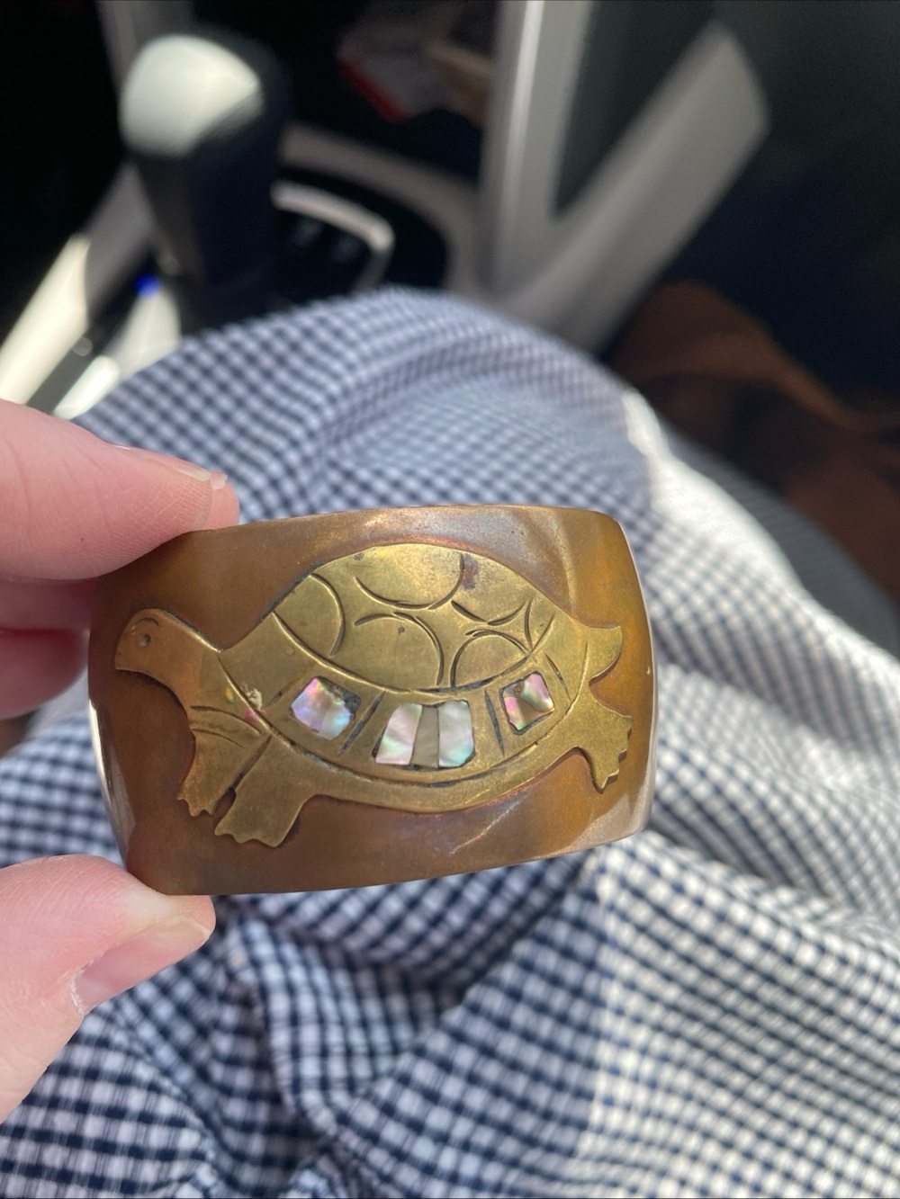 Brass Turtle Cuff Bracelet with Mother of Pearl Inlay